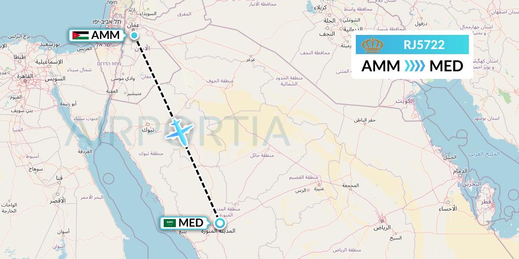 RJ5722 Royal Jordanian Flight Map: Amman to Medina