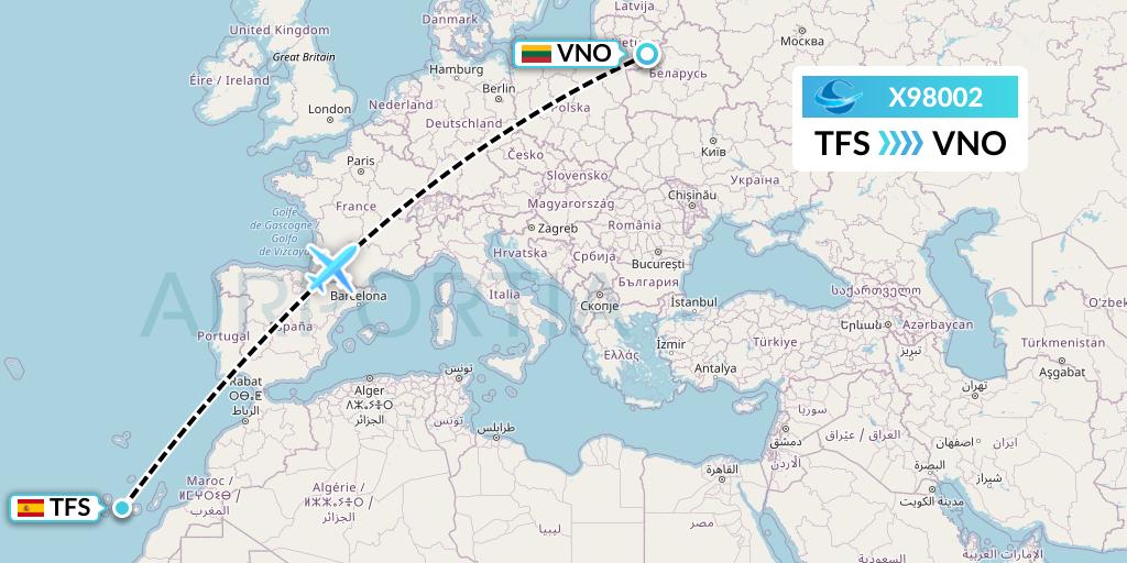 X98002 Avion Express Flight Map: Tenerife to Vilnius