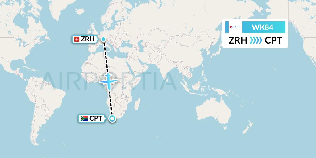 WK84 Edelweiss Air Flight Map: Zurich to Cape Town