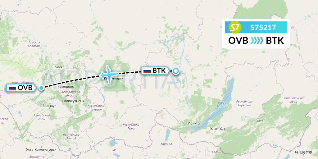 S75217 S7 Airlines Flight Map: Novosibirsk to Bratsk