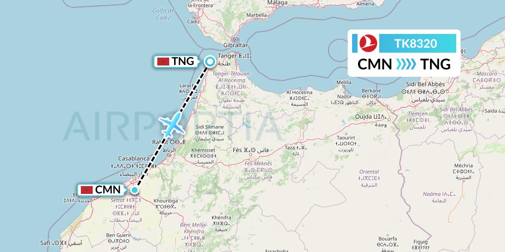 TK8320 Turkish Airlines Flight Map: Casablanca to Tangier
