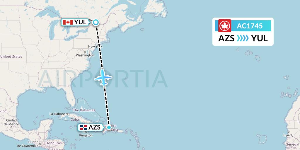 AC1745 Air Canada Flight Map: Samana to Montreal