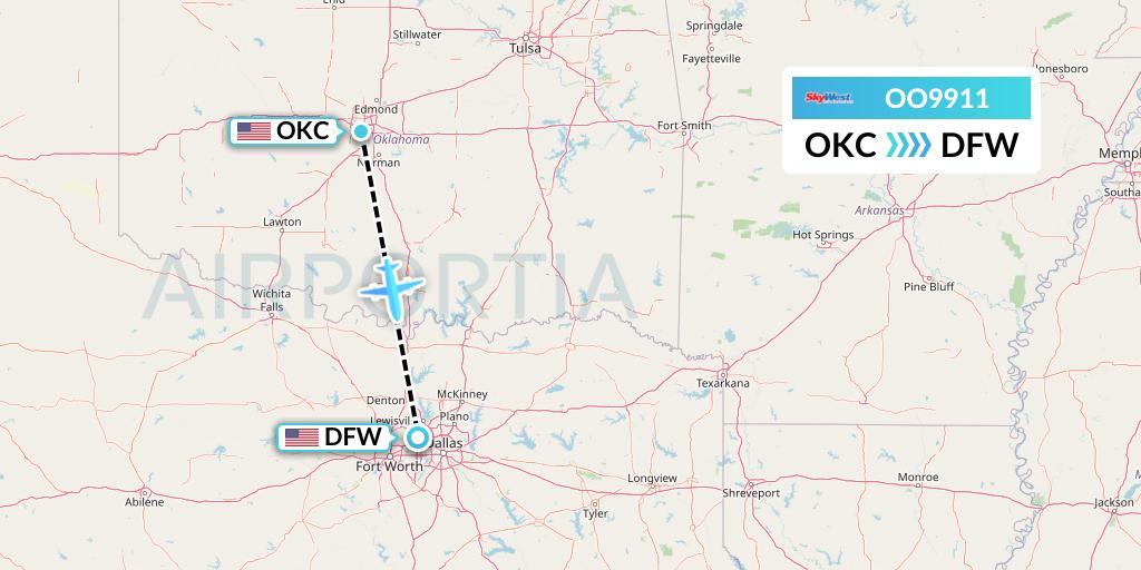 OO9911 SkyWest Airlines Flight Map: Oklahoma City to Dallas