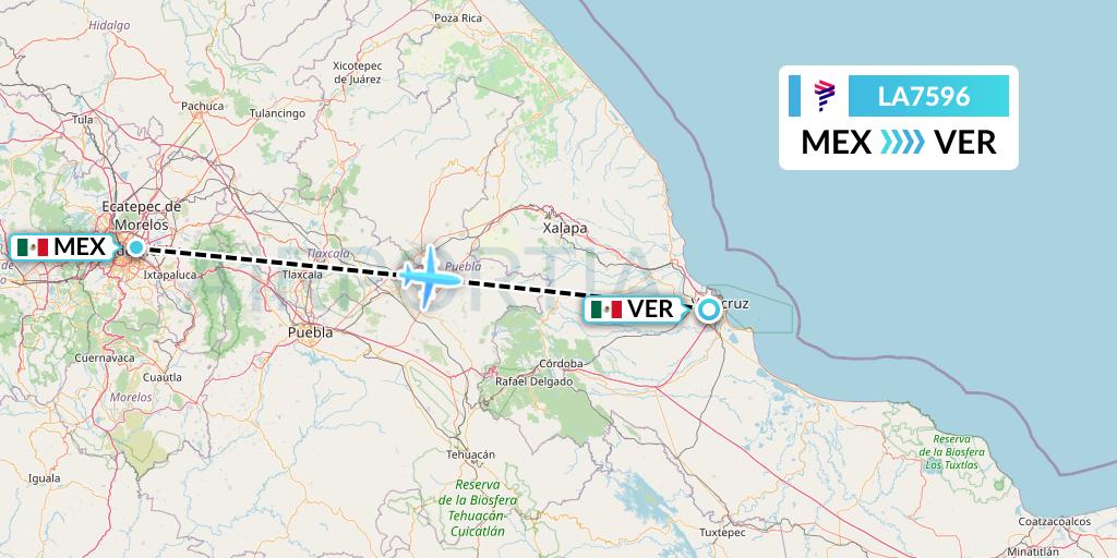 LA7596 LAN Airlines Flight Map: Mexico City to Veracruz