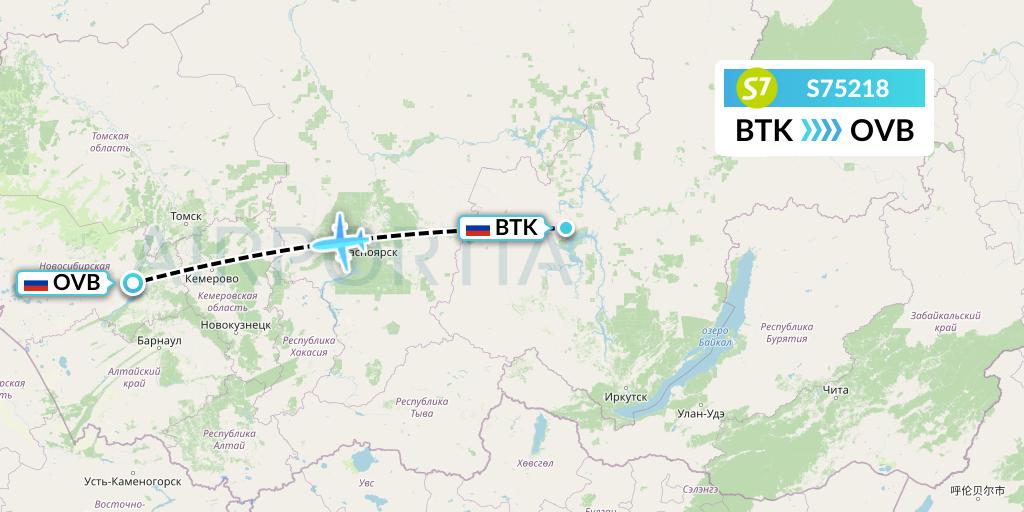 S75218 S7 Airlines Flight Map: Bratsk to Novosibirsk