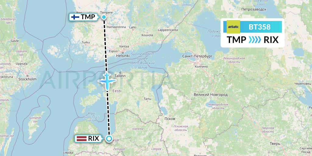 BT358 Air Baltic Flight Map: Tampere to Riga