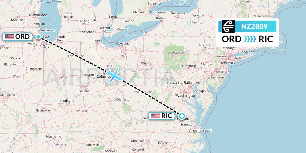NZ2809 Air New Zealand Flight Map: Chicago to Richmond