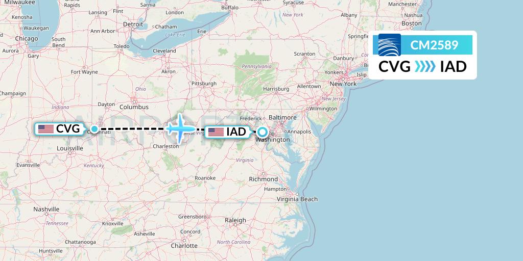 CM2589 Copa Airlines Flight Map: Cincinnati to Washington