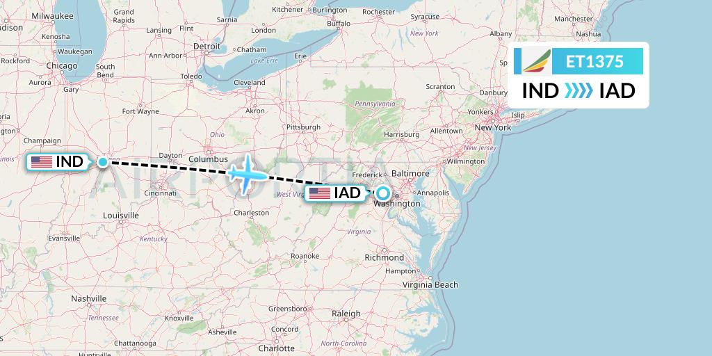 ET1375 Ethiopian Airlines Flight Map: Indianapolis to Washington