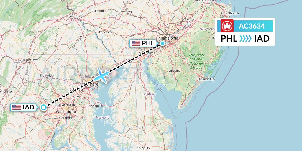 AC3634 Air Canada Flight Map: Philadelphia to Washington