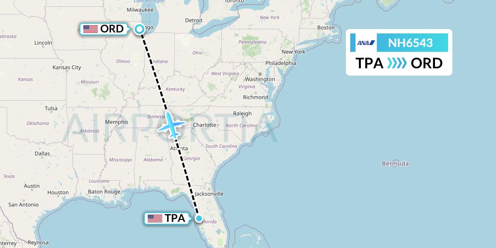 NH6543 All Nippon Airways Flight Map: Tampa to Chicago