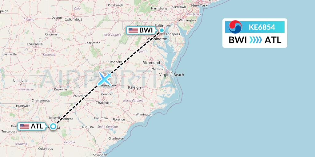 KE6854 Korean Air Flight Map: Baltimore to Atlanta
