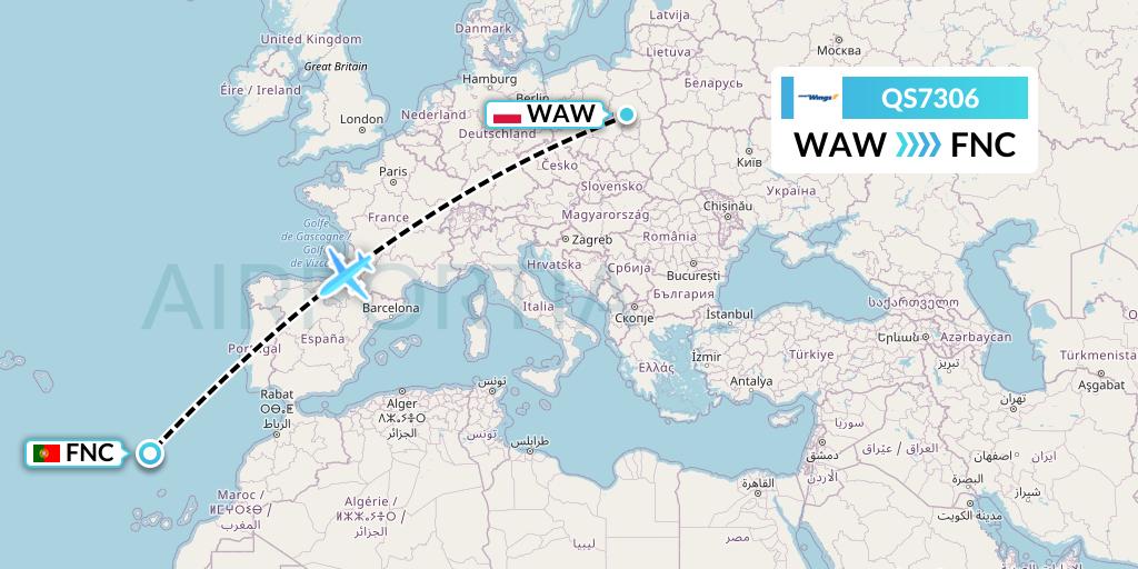 QS7306 Smartwings Flight Map: Warsaw to Funchal
