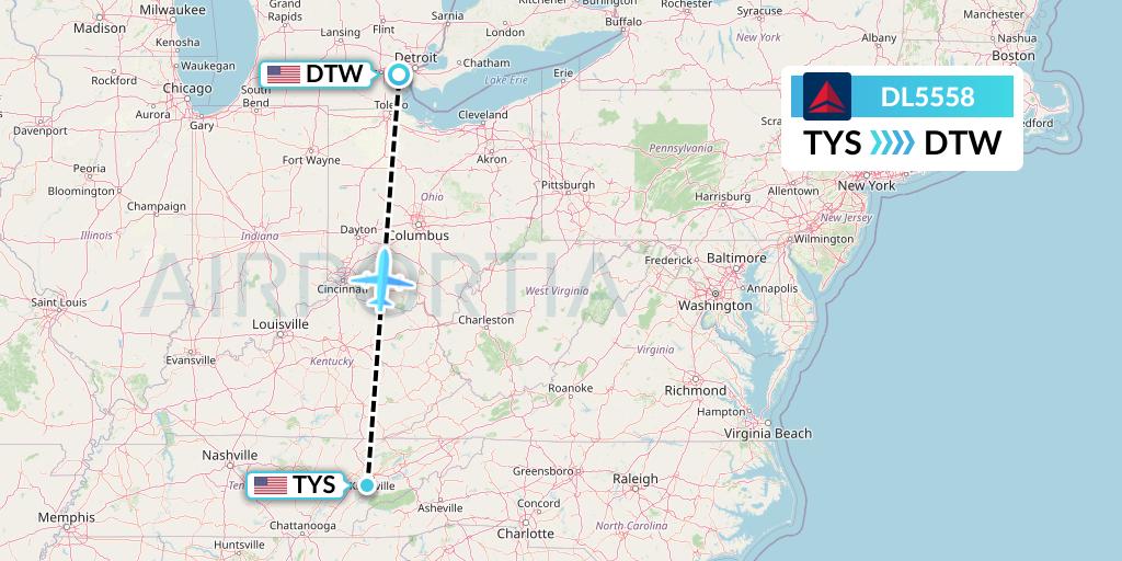 DL5558 Delta Air Lines Flight Map: Knoxville to Detroit