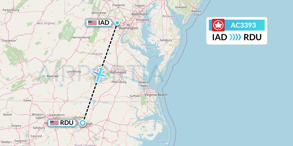 AC3393 Air Canada Flight Map: Washington to Raleigh-Durham