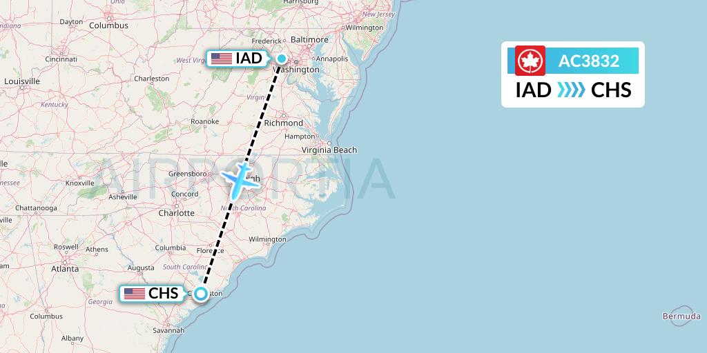 AC3832 Air Canada Flight Map: Washington to Charleston