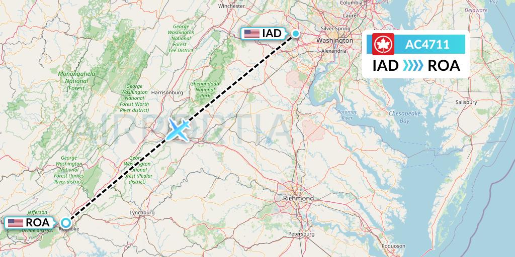 AC4711 Air Canada Flight Map: Washington to Roanoke