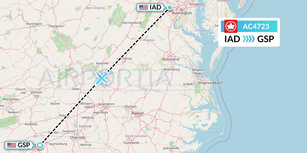 AC4723 Air Canada Flight Map: Washington to Greenville-Spartanburg