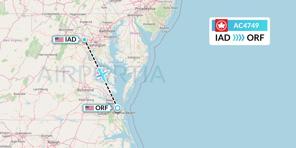AC4749 Air Canada Flight Map: Washington to Norfolk