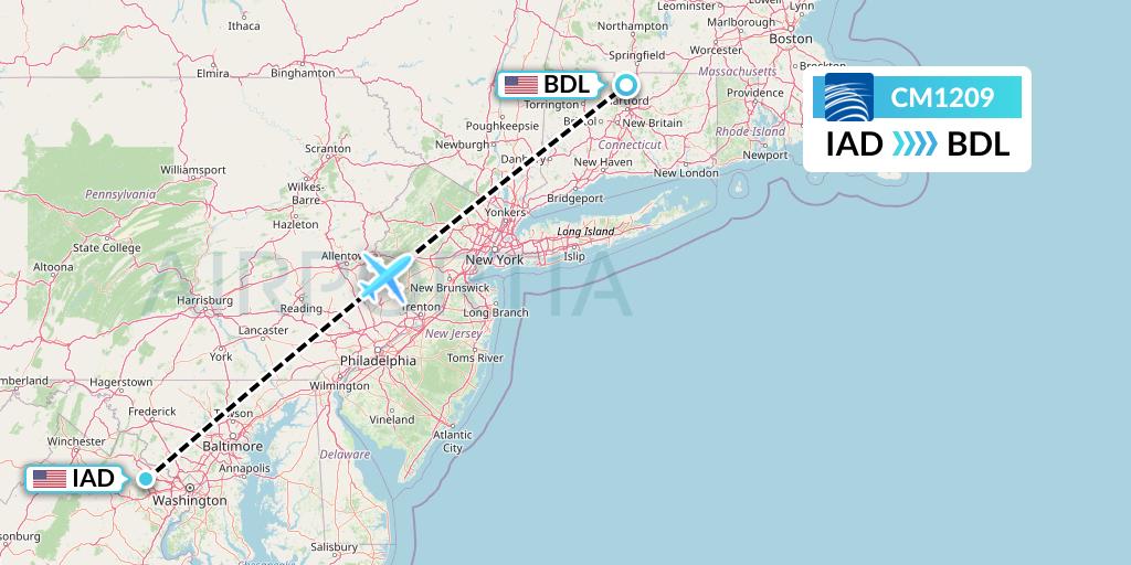 CM1209 Copa Airlines Flight Map: Washington to Windsor Locks