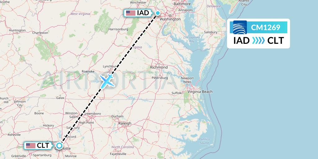 CM1269 Copa Airlines Flight Map: Washington to Charlotte