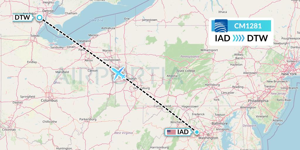 CM1281 Copa Airlines Flight Map: Washington to Detroit