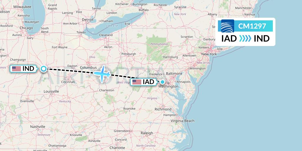 CM1297 Copa Airlines Flight Map: Washington to Indianapolis