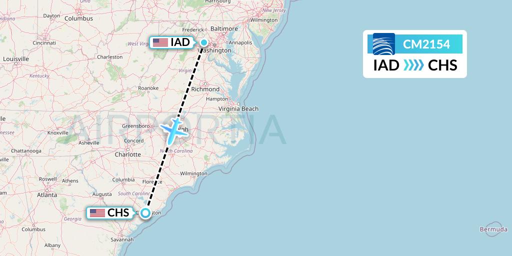 CM2154 Copa Airlines Flight Map: Washington to Charleston