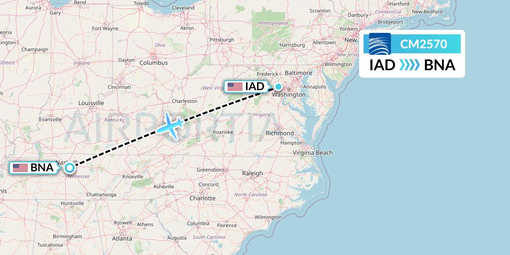 CM2570 Copa Airlines Flight Map: Washington to Nashville