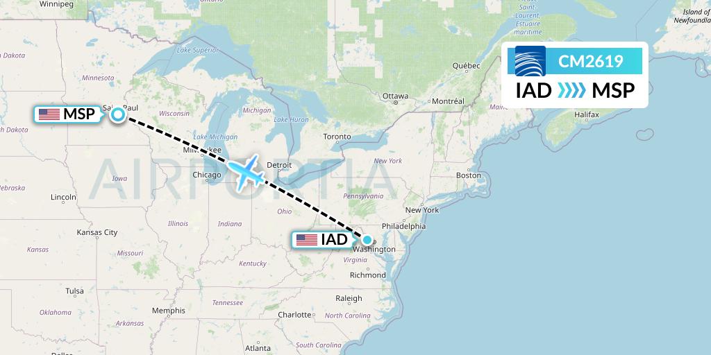 CM2619 Copa Airlines Flight Map: Washington to Minneapolis
