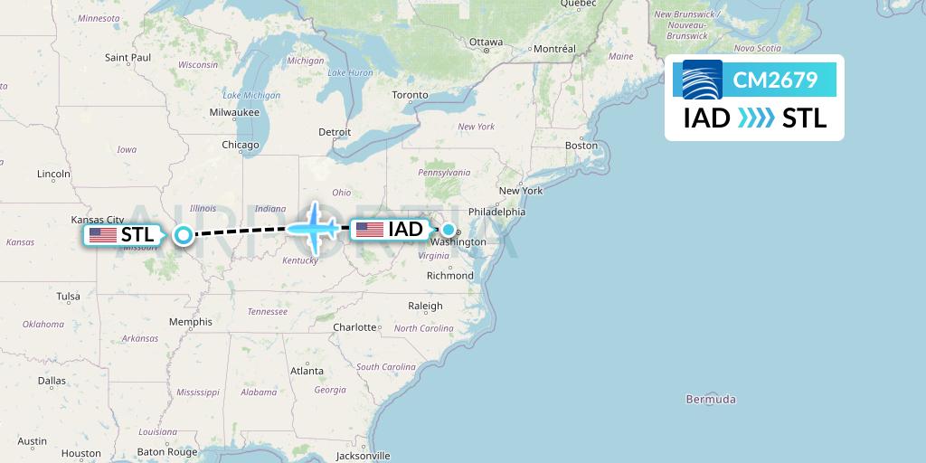 CM2679 Copa Airlines Flight Map: Washington to St. Louis