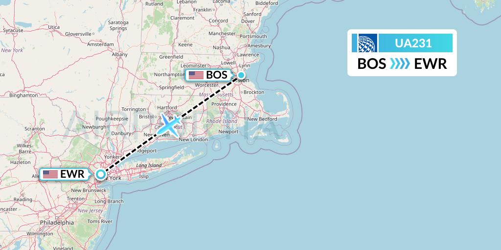 UA231 United Airlines Flight Map: Boston to New York
