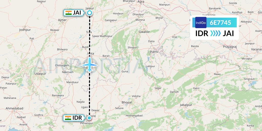 6E7745 IndiGo Airlines Flight Map: Indore to Jaipur