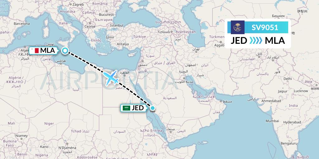 SV9051 Saudi Arabian Airlines Flight Map: Jeddah to Malta