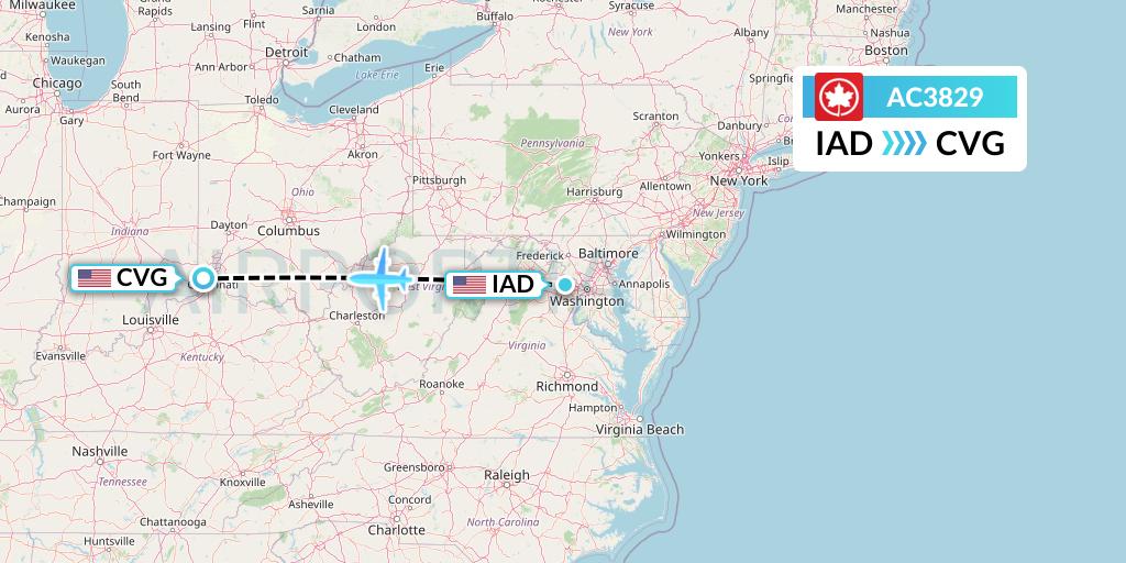 AC3829 Air Canada Flight Map: Washington to Cincinnati
