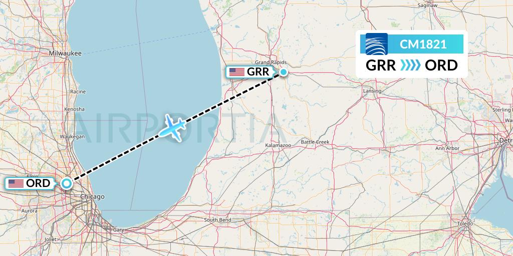 CM1821 Copa Airlines Flight Map: Grand Rapids to Chicago