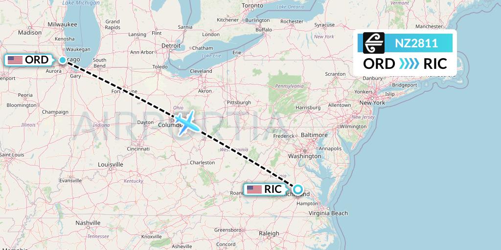 NZ2811 Air New Zealand Flight Map: Chicago to Richmond