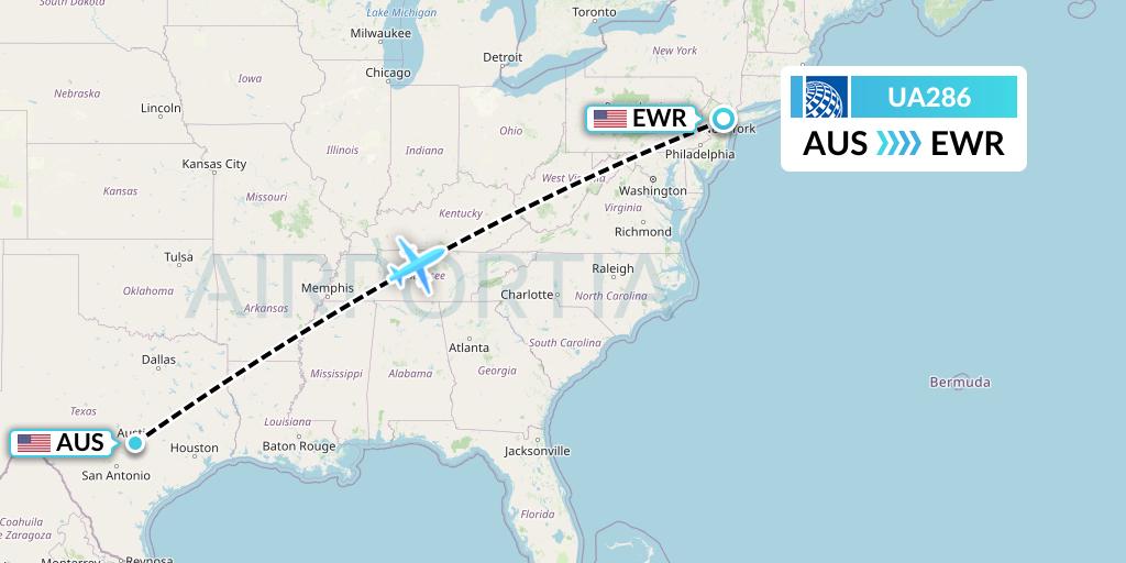 UA286 United Airlines Flight Map: Austin to New York