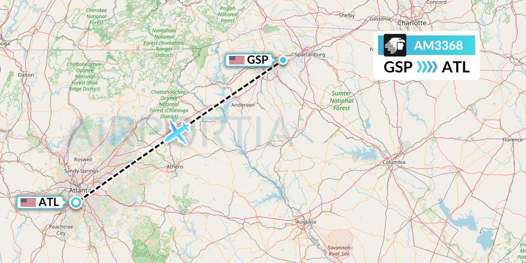 AM3368 Aeromexico Flight Map: Greenville-Spartanburg to Atlanta