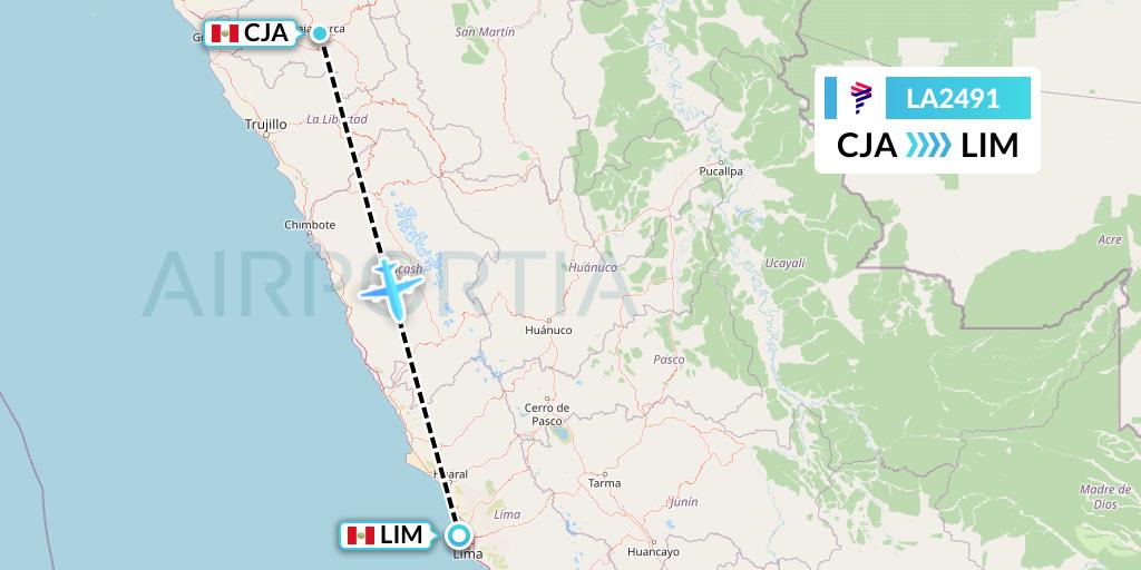 LA2491 LAN Airlines Flight Map: Cajamarca to Lima