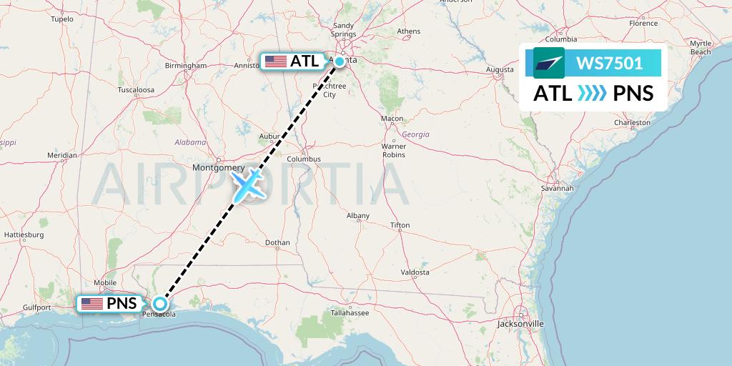 WS7501 WestJet Flight Map: Atlanta to Pensacola