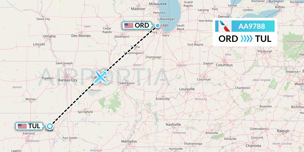 AA9788 American Airlines Flight Map: Chicago to Tulsa