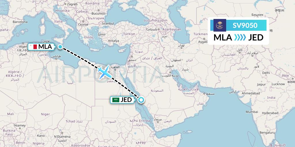 SV9050 Saudi Arabian Airlines Flight Map: Malta to Jeddah
