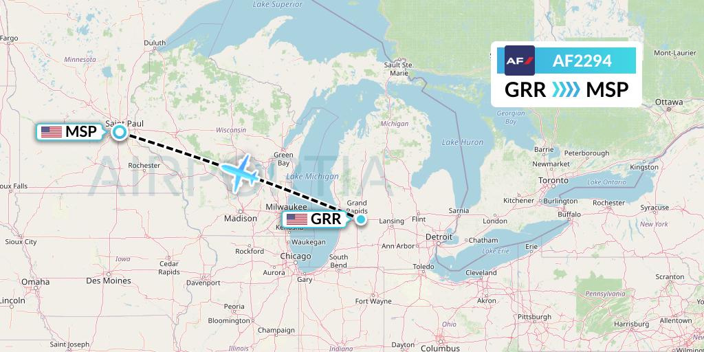 AF2294 Air France Flight Map: Grand Rapids to Minneapolis
