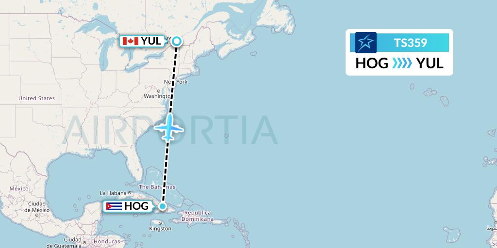 TS359 Air Transat Flight Map: Holguin to Montreal