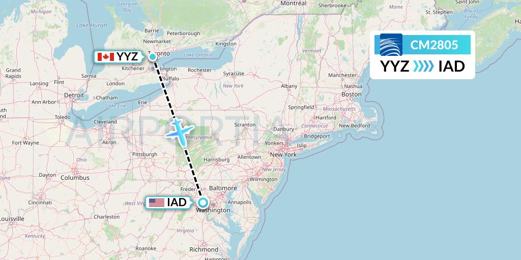 CM2805 Copa Airlines Flight Map: Toronto to Washington