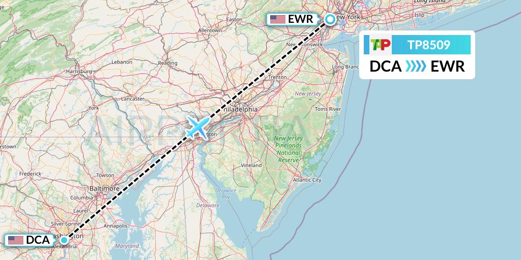 TP8509 TAP Portugal Flight Map: Washington to New York