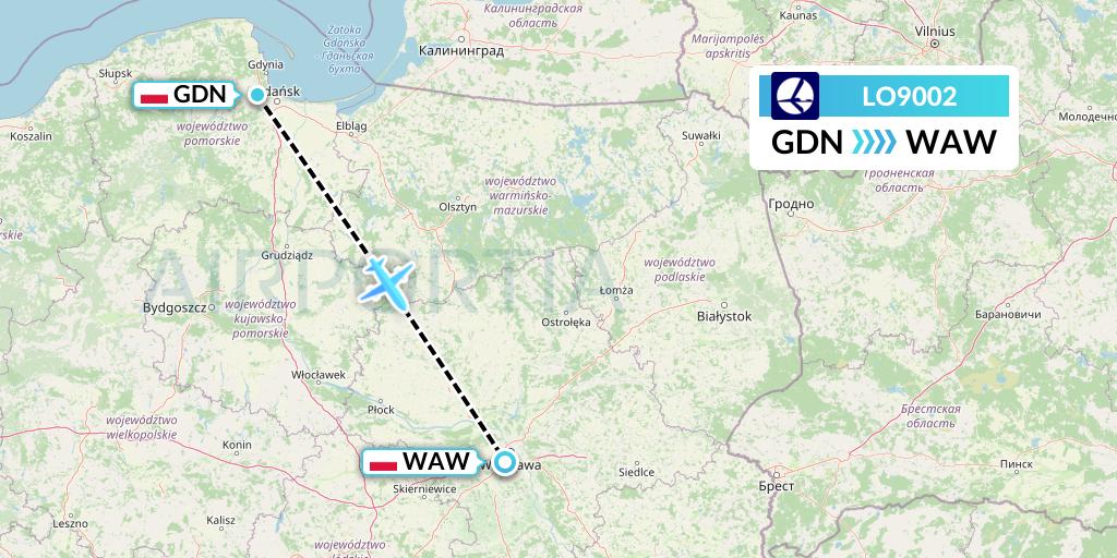 LO9002 LOT Flight Map: Gdansk to Warsaw