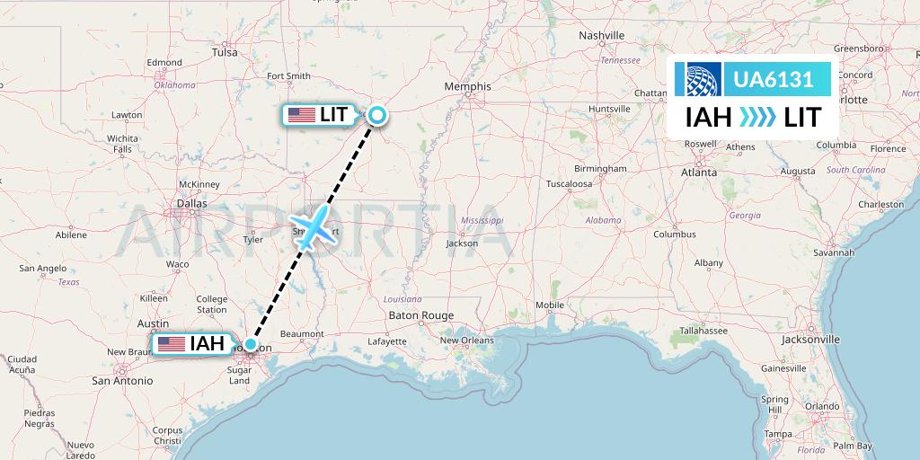 UA6131 United Airlines Flight Map: Houston to Little Rock