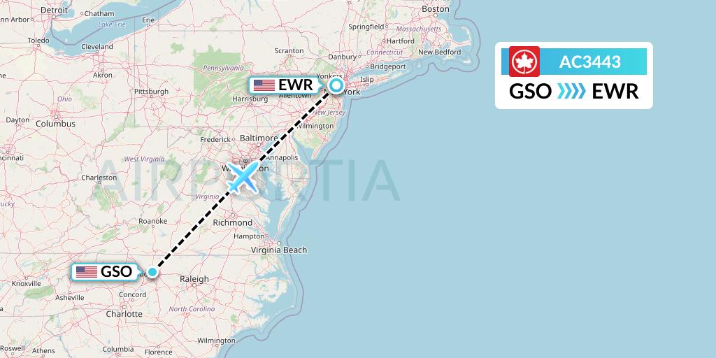 AC3443 Air Canada Flight Map: Greensboro to New York